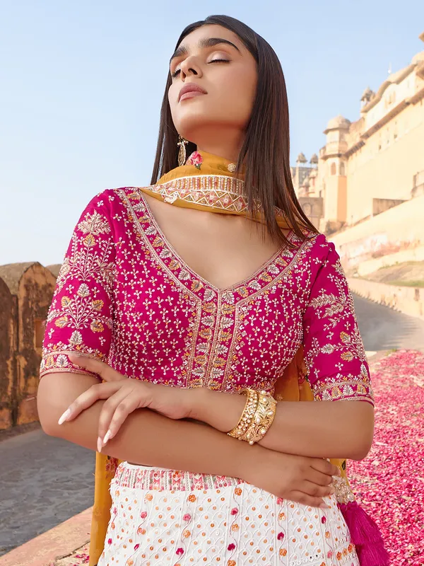 White and pink georgette wedding lehenga choli
