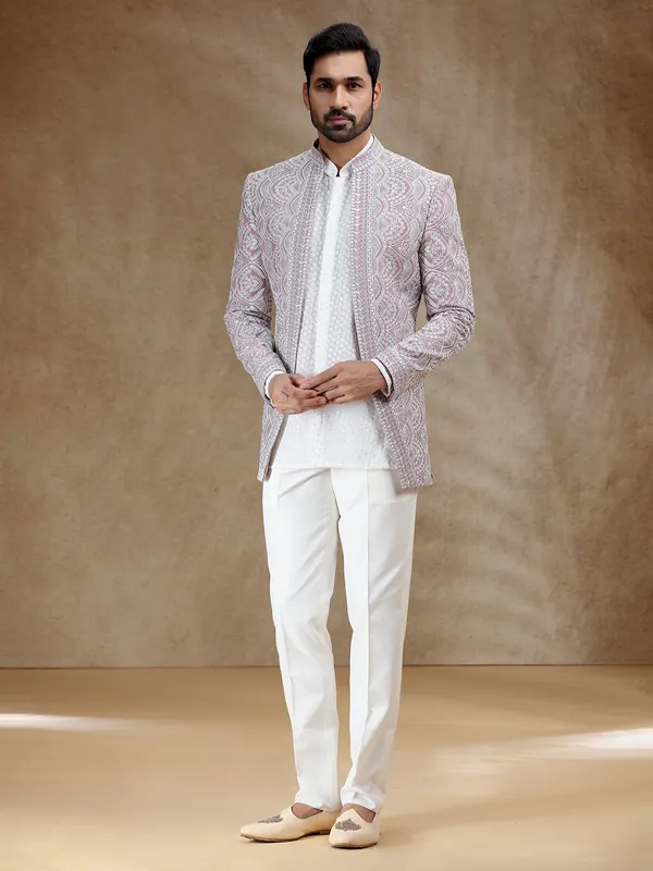 White and pink indowestern set with silk coat