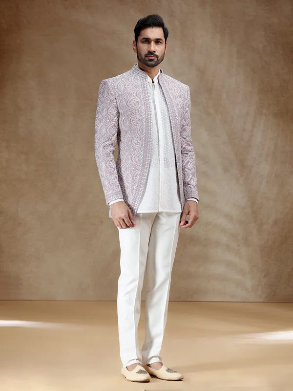 White and pink indowestern set with silk coat