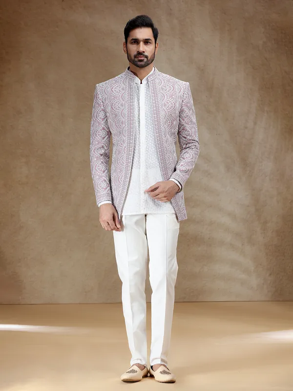 White and pink indowestern set with silk coat