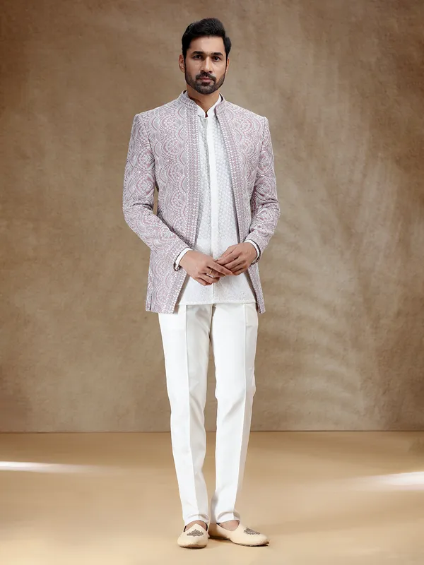 White and pink indowestern set with silk coat