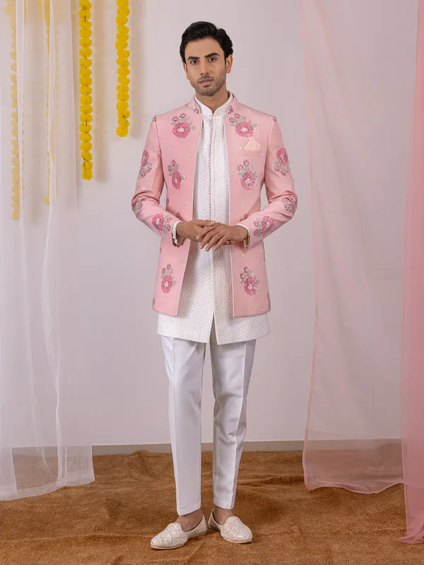 White and pink men indowestern in silk