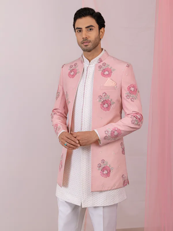 White and pink men indowestern in silk
