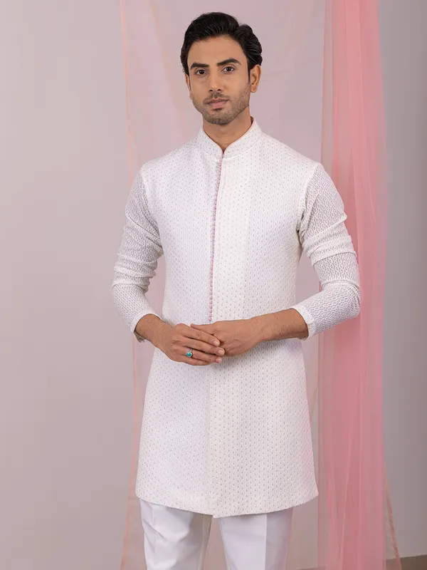 White and pink men indowestern in silk