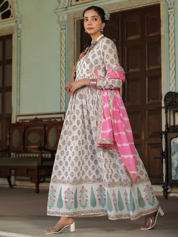 White and pink printed cotton anarkali style long kurti