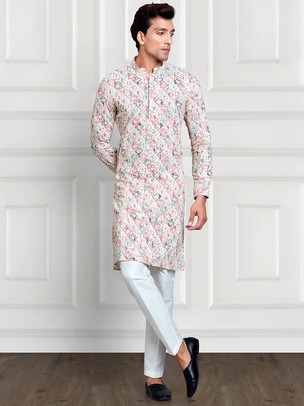 White and pink printed cotton kurta suit