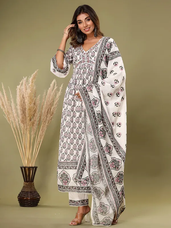 White and pink printed cotton kurti set