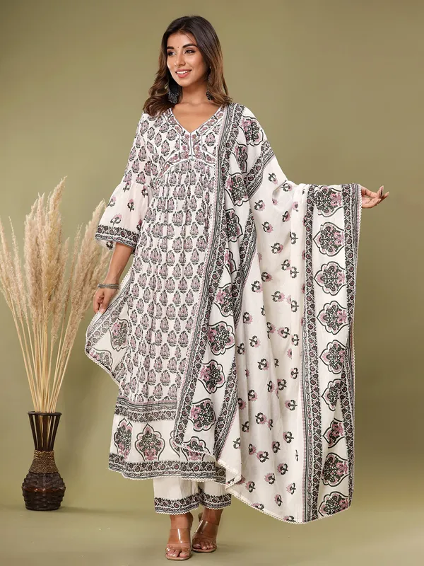 White and pink printed cotton kurti set