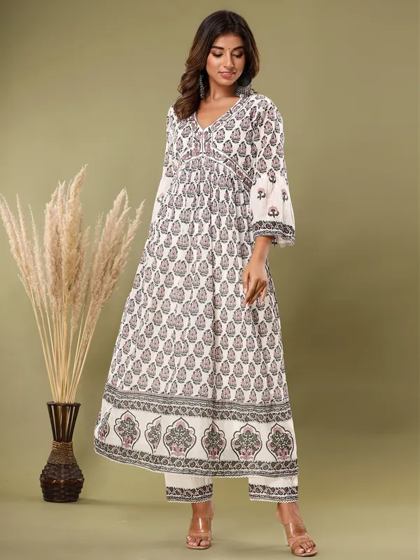 White and pink printed cotton kurti set