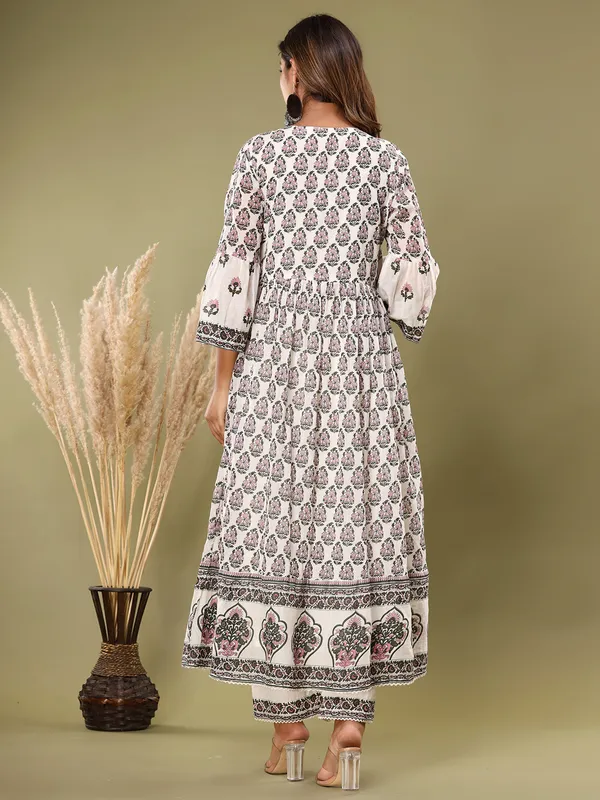 White and pink printed cotton kurti set