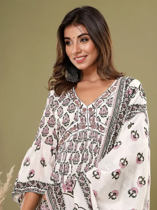 White and pink printed cotton kurti set