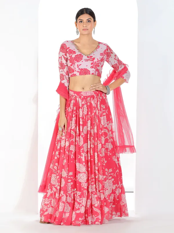 White and pink printed georgette lehenga choli