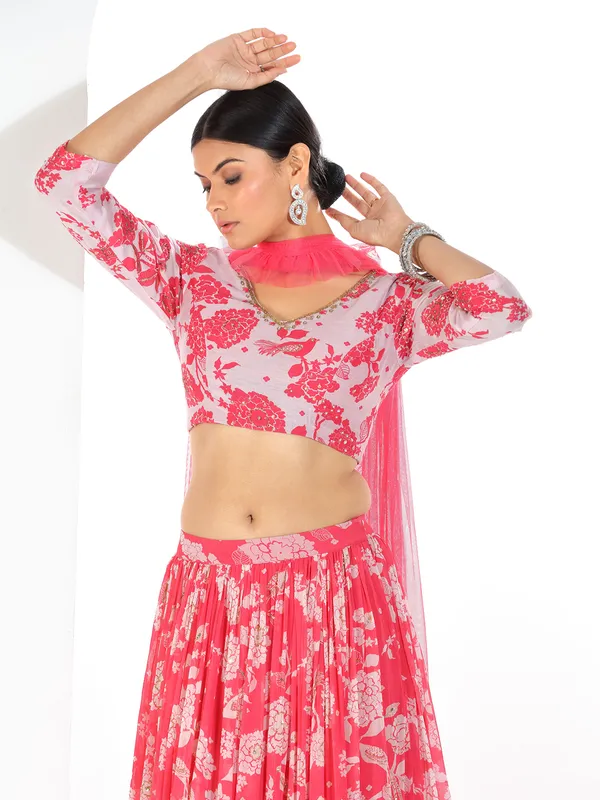 White and pink printed georgette lehenga choli