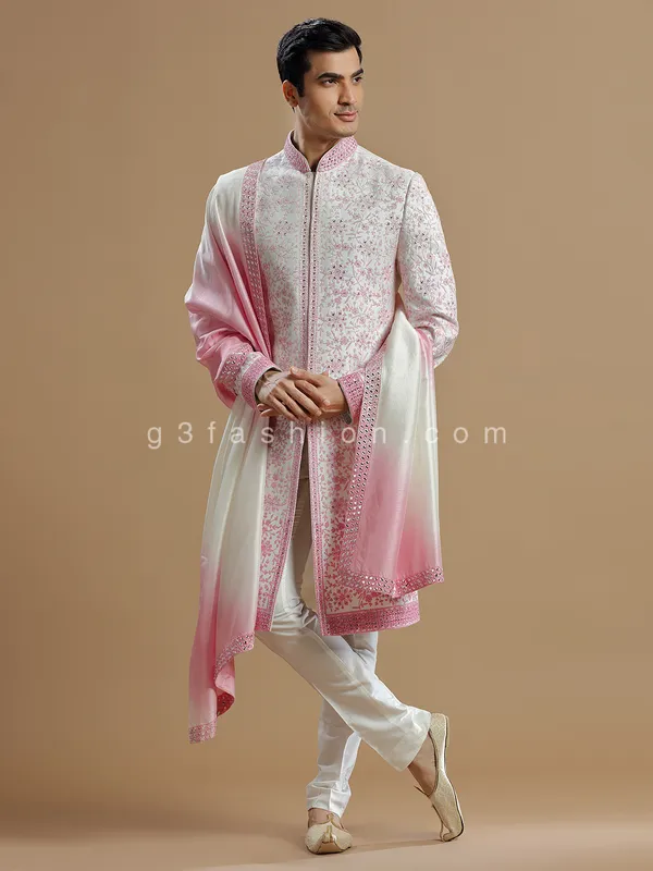 White and pink raw silk sherwani for groom
