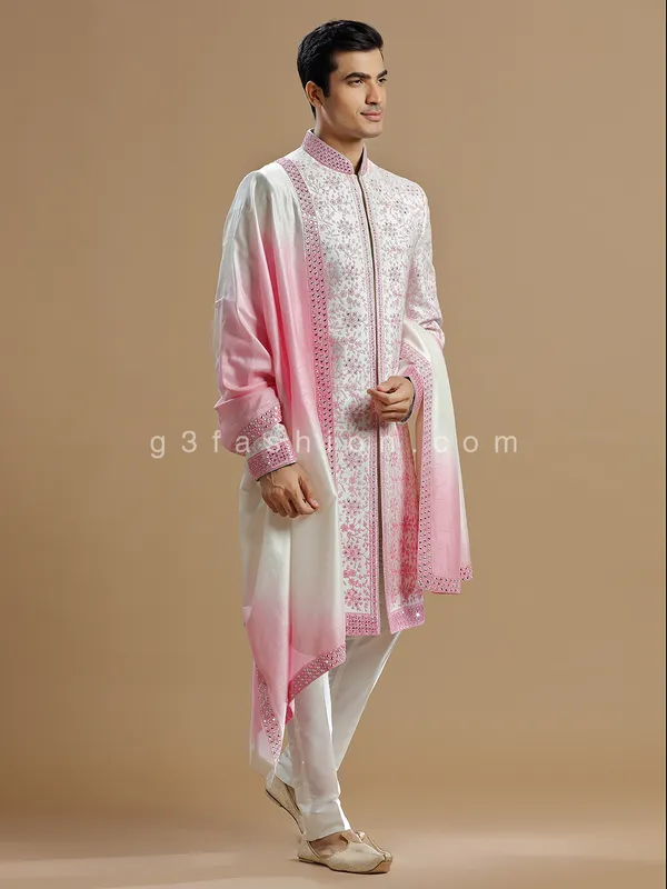 White and pink raw silk sherwani for groom
