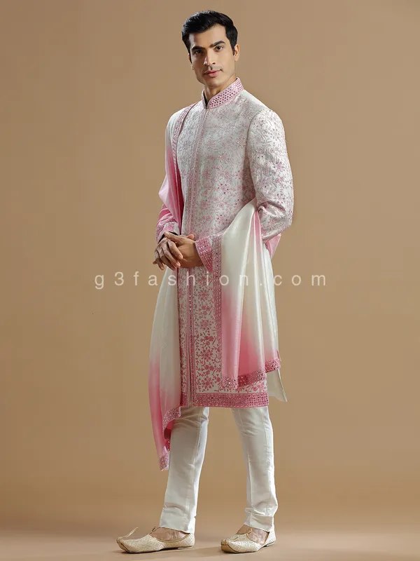 White and pink raw silk sherwani for groom