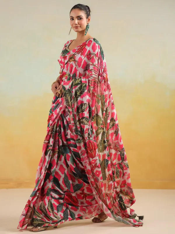 White and pink satin silk printed saree