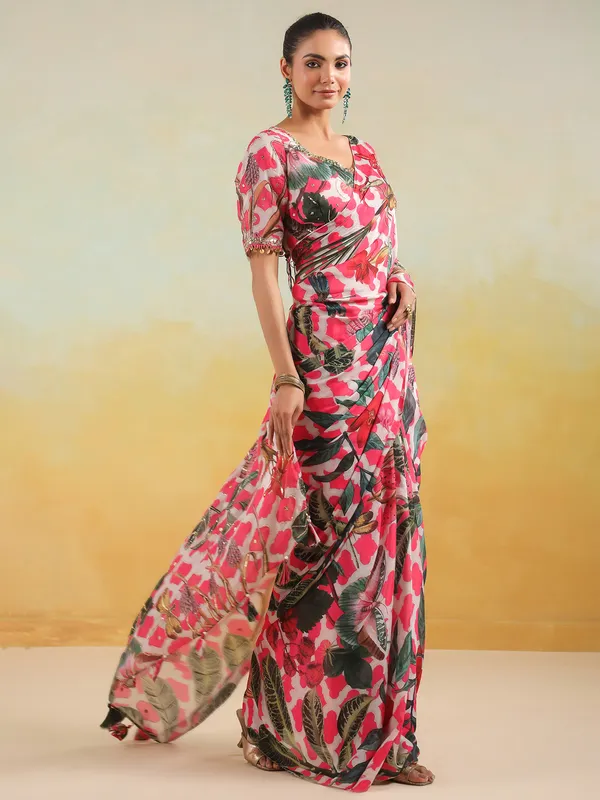 White and pink satin silk printed saree
