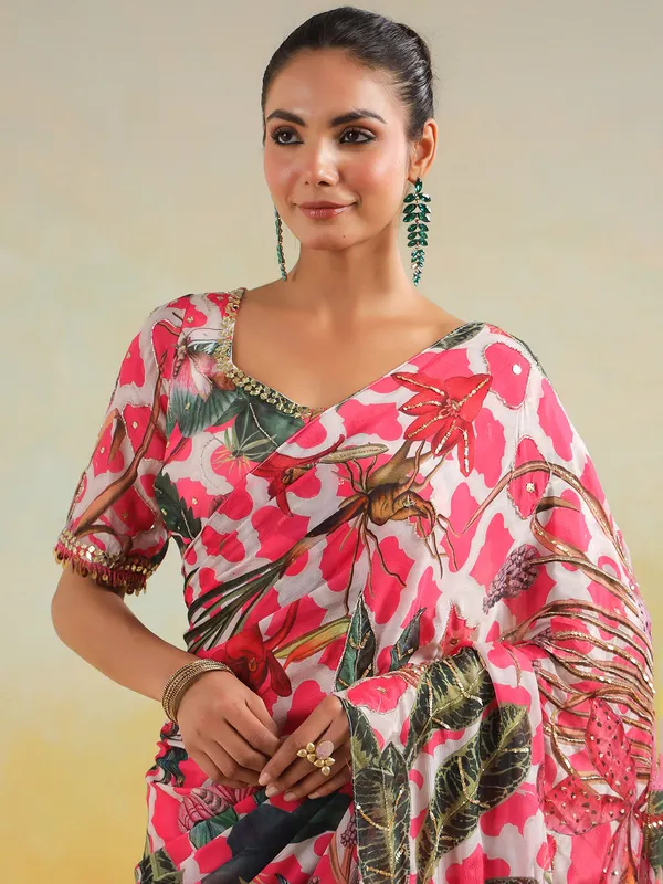 White and pink satin silk printed saree