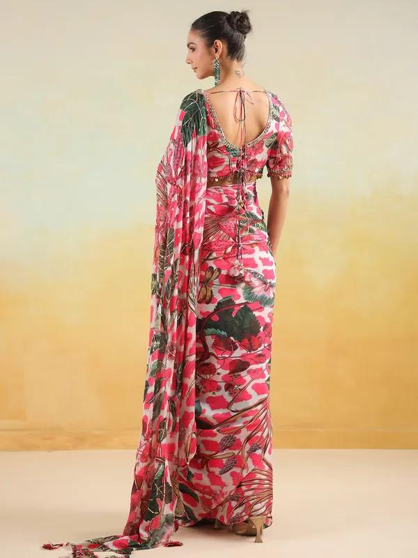 White and pink satin silk printed saree
