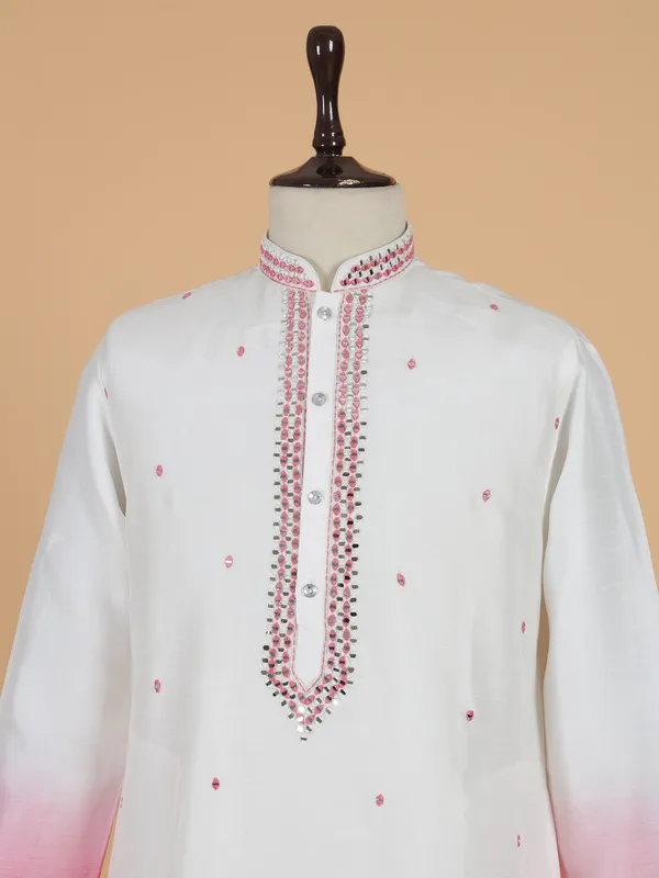 White and pink silk kurta suit for men