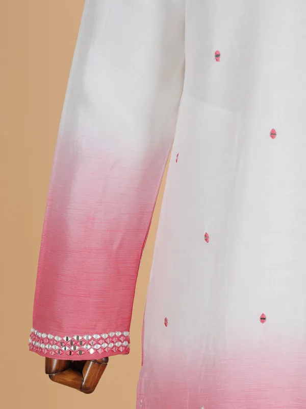 White and pink silk kurta suit for men