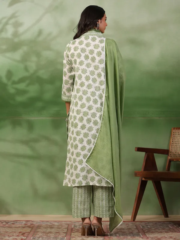 white and pista printed cotton kurti set