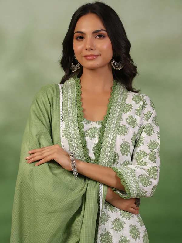 white and pista printed cotton kurti set