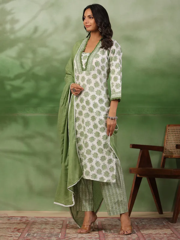 white and pista printed cotton kurti set