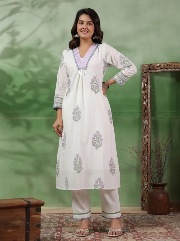 White and purple printed cotton kurti set