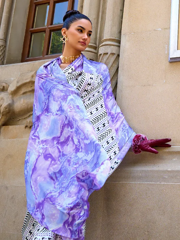 White and purple printed satin crepe saree