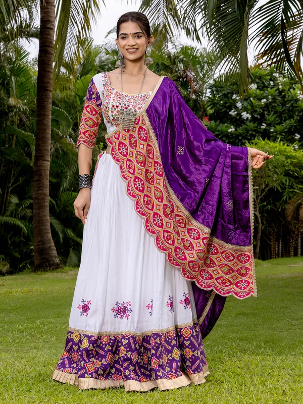 White and purple silk navratri lehenga choli