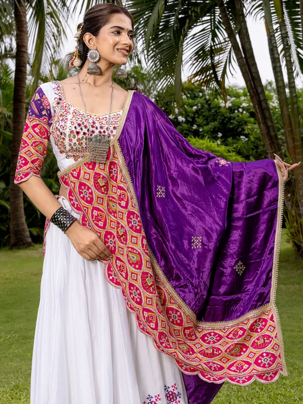 White and purple silk navratri lehenga choli