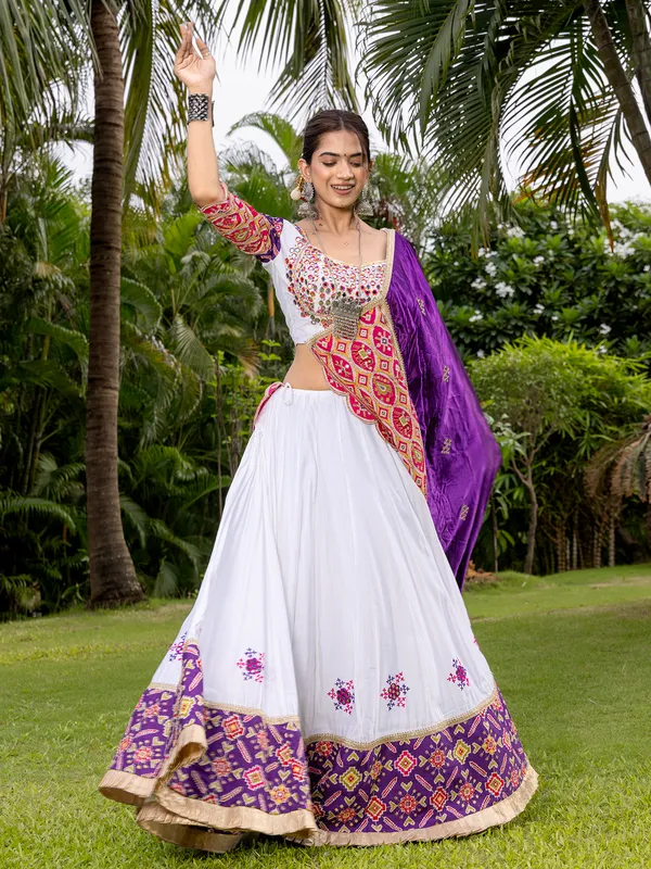 White and purple silk navratri lehenga choli