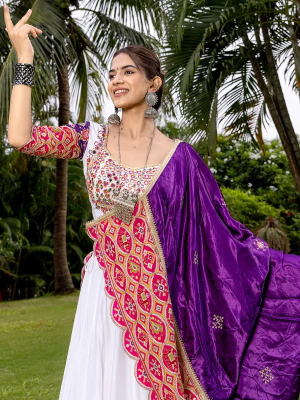 White and purple silk navratri lehenga choli