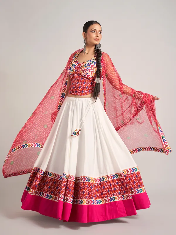 White and rani pink silk navratri chaniya choli