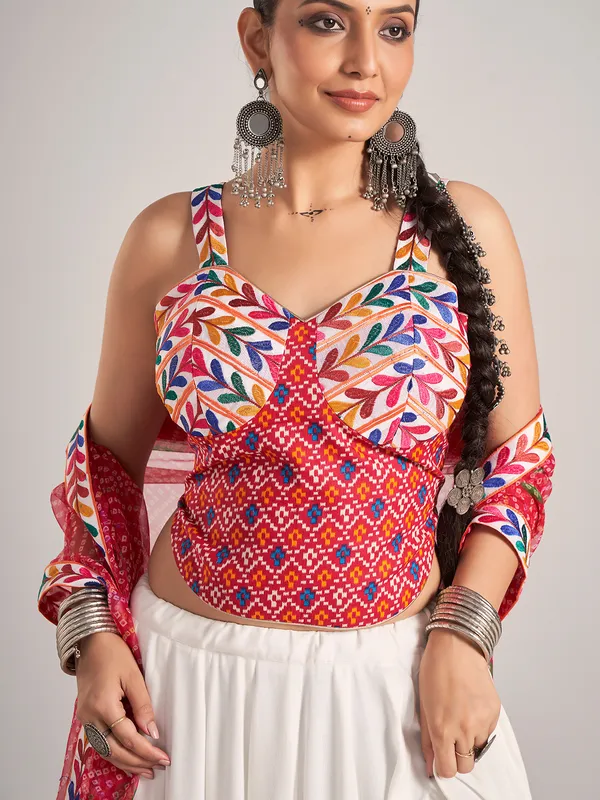 White and rani pink silk navratri chaniya choli
