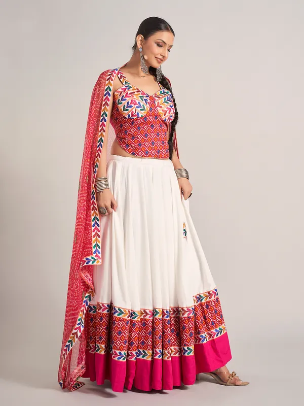 White and rani pink silk navratri chaniya choli