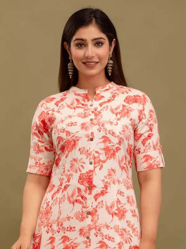 White and red cotton floral printed kurti