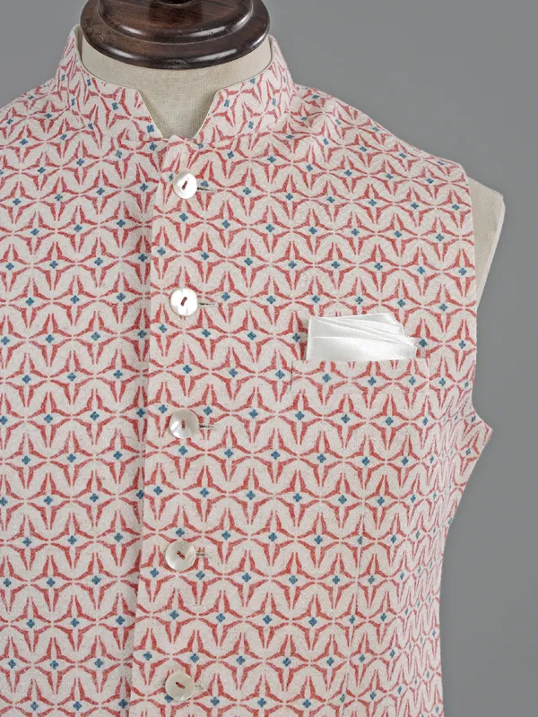 White and red printed cotton waistcoat