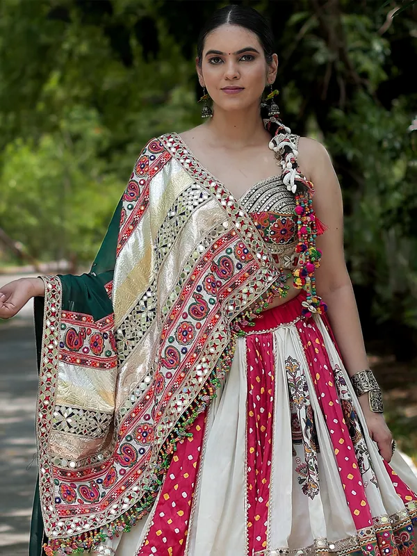 White and red silk navratri wear lehenga choli