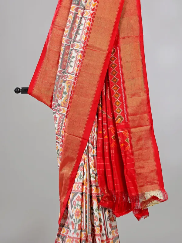 White and red zari weaving patola silk saree for wedding grace