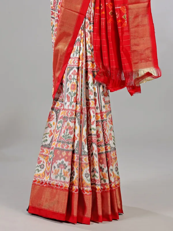 White and red zari weaving patola silk saree for wedding grace
