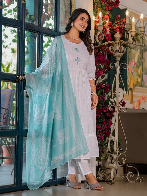 White and sky blue cotton kurti set
