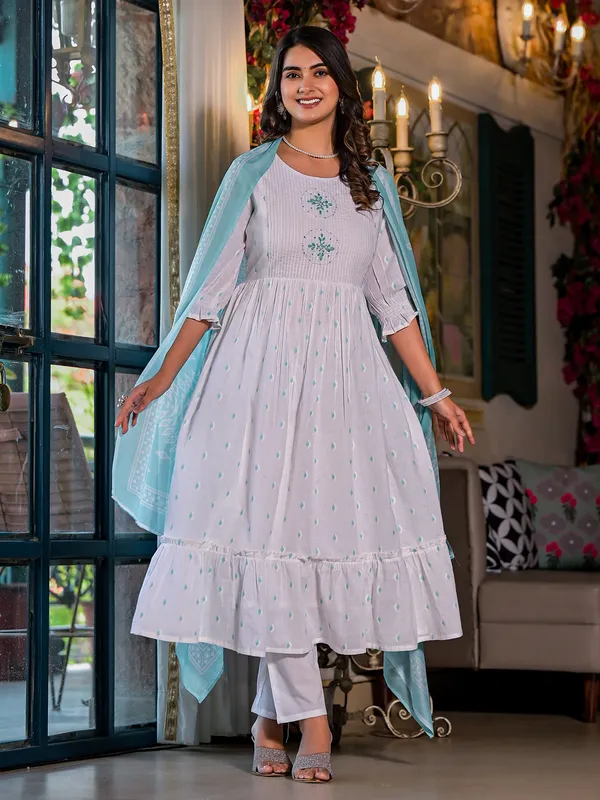 White and sky blue cotton kurti set