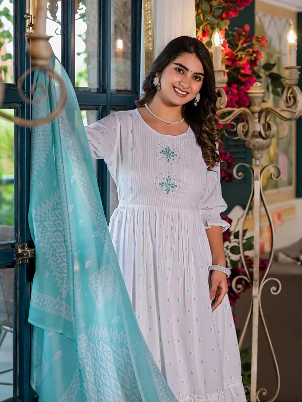 White and sky blue cotton kurti set