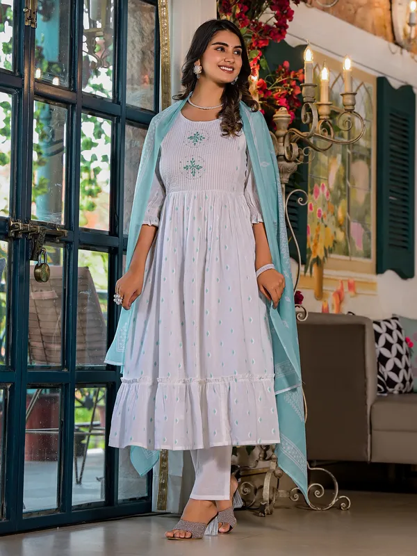 White and sky blue cotton kurti set