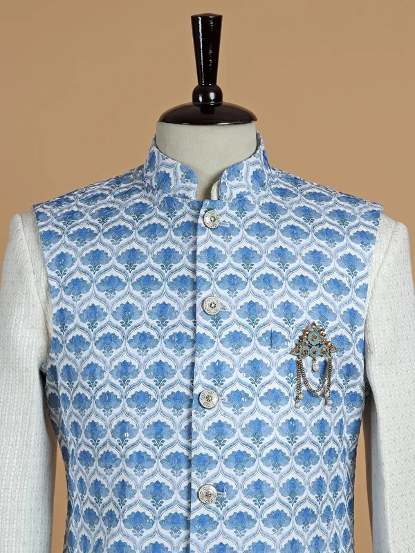 White and sky blue printed waistcoat set