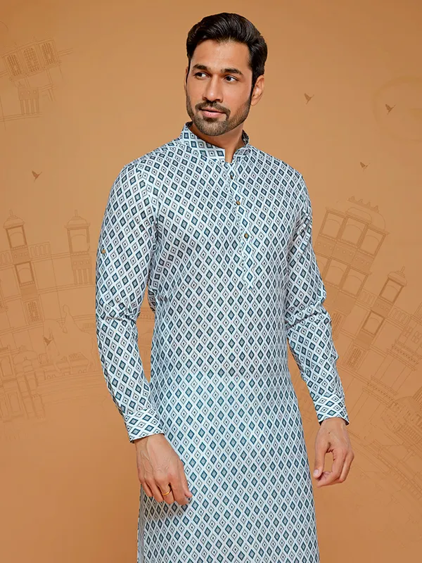 White and teal blue cotton printed kurta suit for men
