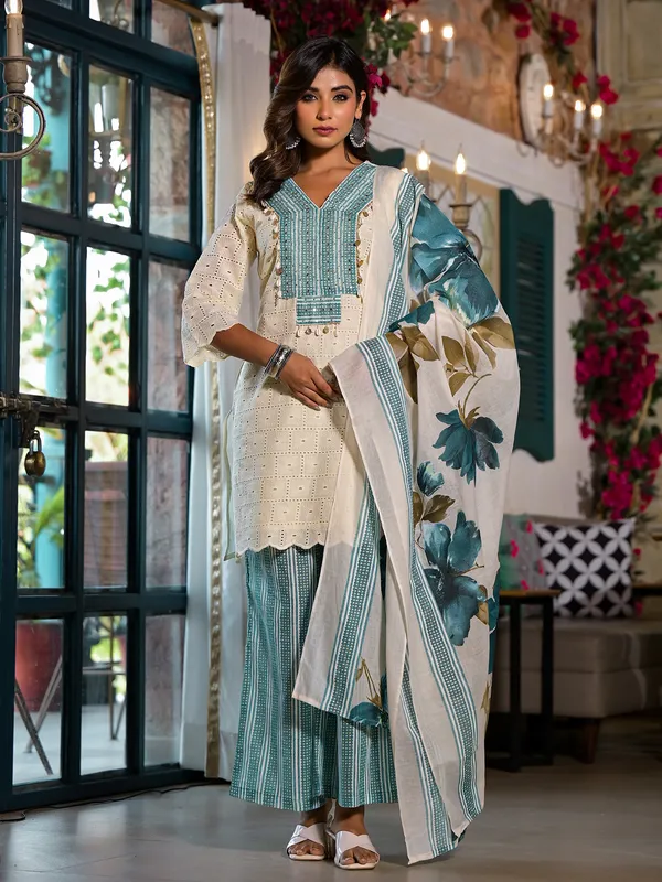 White and teal blue printed palazzo set